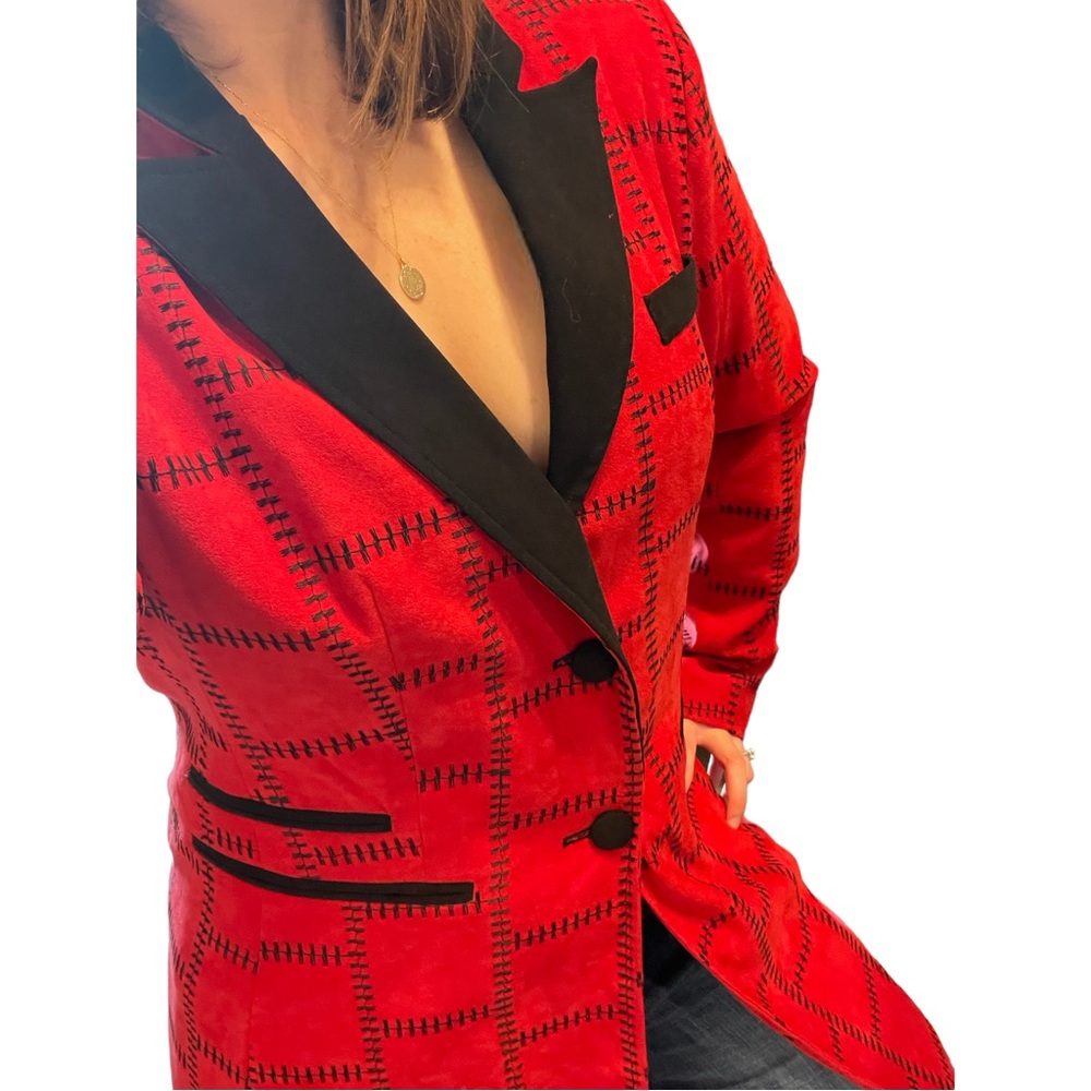 Vintage 1980s Long Micro-Suede Red & Black Blazer with stitch detail Size M